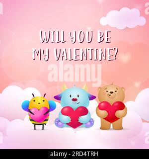 Sei mein Valentinstag-Poster-Design. Süßes Monster, Biene und Teddybär Stock Vektor