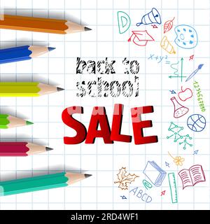 Zurück in die Schule, Verkaufsschrift mit farbigen Bleistiften Stock Vektor