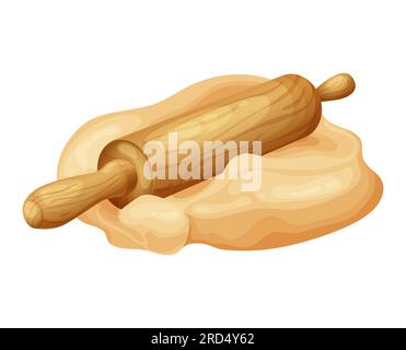 Frischer Rohteig zum Backen. Hausgemachtes, leckeres Brot. Karikatur aus hölzernen Küchen-Rollnadeln. Vektordarstellung für Menü, Café, Restaurant Stock Vektor