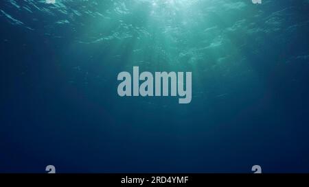 Blick auf Sonnenlicht aus blauem Abgrund, Zeitlupe. Das Licht filtert durch blaues Wasser nach unten. Unterwassersonnenstrahlen im tiefen Ozean. Unterwasser-Sonnenlicht scheint Stockfoto