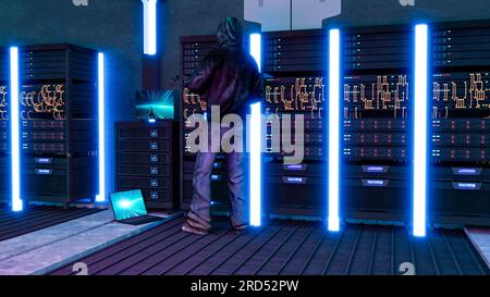 Hacker in Aktion auf großen Unternehmensservern. Raubkopien und Geschäftsgeheimnisse. Hacking-Verbindung. Stehlen Sie Informationen und verbreiten Sie sie online. 3D Stockfoto