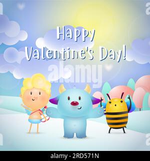 Design der Einladung zum Valentinstag. Lustiges Monster, Biene Stock Vektor