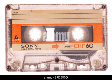 Audiokassette SONY CHF60, Seite A, isoliert auf weißem Hintergrund Stockfoto