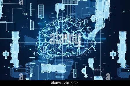 Künstliche Intelligenz, die Computer in die Lage versetzt, menschliche Gehirnfunktionen zu replizieren. Algorithmen für maschinelles Lernen für Rechenoperationen basierend auf Datenmustererkennung, 3D-Renderanimation Stockfoto