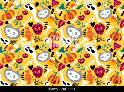 Cartoon Halloween-Katzen nahtlose Kürbisse und Schädel und Geist- und Pilzmuster für Geschenkpapier Stockfoto