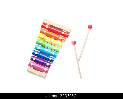 Farbiges Xylophon auf weißem Hintergrund, Draufsicht Stockfoto