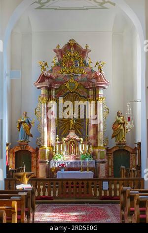 St. John Nepomuk katholische Kirche, heilige Kunst, Altar, Maria mit dem kleinen Jesus, Madonna, Kruzifix, Wilflingen, Langenenslingen Gemeinde Stockfoto