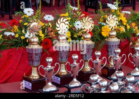 Medaillen und Trophäen für Gewinner, Police Public Sports Festival in Coimbatore Tamil Nadu, Südindien, Indien, Asien Stockfoto