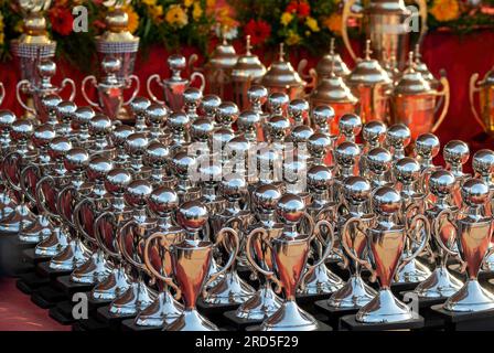 Medaillen und Trophäen für Gewinner, Police Public Sports Festival in Coimbatore Tamil Nadu, Südindien, Indien, Asien Stockfoto