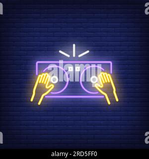 Hands on DJ Mixer Neon-Schild Stock Vektor