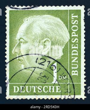 Theodor Heuss, erster Präsident der Bundesrepublik Deutschland von 1949 bis 1959. Briefmarke, ausgestellt in der Bundesrepublik Deutschland (Bundesrepublik Deutschland) 1954. Stockfoto