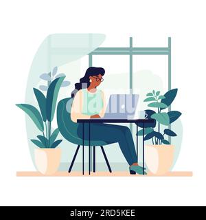 Frau sitzt am Schreibtisch mit Laptop, Arbeitsplatz mit modernem Konzept, Vektordarstellung Stock Vektor
