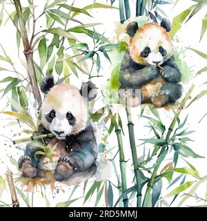 Süßer Panda und Zuckerrohr mit nahtlosem Muster. Wasserfarbener Hintergrund. Vektordarstellung Stock Vektor