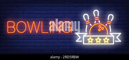 Bowling Neontext mit Kugel und Kegeln Stock Vektor