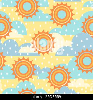 Nahtlose Wolken und Sonnenmuster. Einfaches Muster für Kinder für Textil, Stoff, Umhüllung auf Grün Stock Vektor