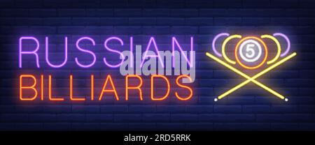 Russischer Billard Neontext mit Bällen und Hinweisen Stock Vektor