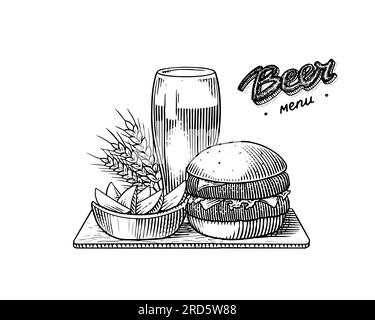 Kombination aus Fast Food und Bier für Barmenü. Burger oder Sandwich und Getränk und Pommes und Weizen. Amerikanisches Banner oder Poster. Party und Urlaub. Die Hand Stock Vektor