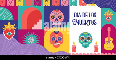 Dia de los muertos, Todestag, mexikanischer Feiertag, Festival. Vektorposter, Banner und Karte in modernem geometrischen Stil, mit Totenköpfen, Kirche Stock Vektor
