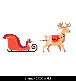 Ein einsamer weihnachtlicher Rentierschlitten mit einer Figur auf Weiß. Cartoonhirsche auf weißem Hintergrund Stock Vektor