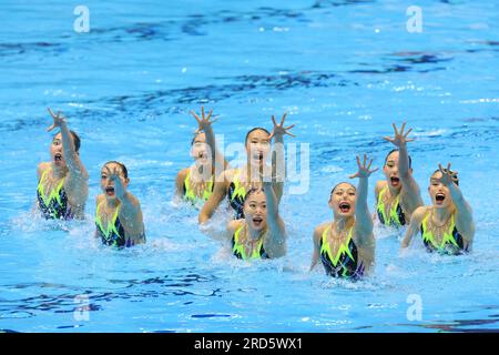 Fukuoka, Japan. 18. Juli 2023. Japanische Mannschaft Kunstschwimmen : World Aquatics Championships Fukuoka 2023 Team Technical Final auf der Marine Messe Fukuoka Halle A in Fukuoka, Japan . Kredit: YUTAKA/AFLO SPORT/Alamy Live News Stockfoto