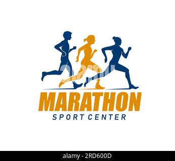 Symbol für Marathon-Laufsport, Schild für Laufwettbewerb. Jogging-Hobby-Club, Sportmeisterschaft, Vektorschild des Sportclubs. Marathon-Wettkampflogo mit Silhouetten für Laufsportler und Laufsportler Stock Vektor