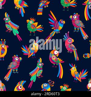 Mexikanische und brasilianische Zeichentrickfiguren auf nahtlosem Hintergrund mit Mustern und lustigen Vektorvögeln. Farbenfrohe tropische und exotische Dschungelvögel mit mexikanischer Alebrije-Kunst Ziermuster auf Federn Stock Vektor