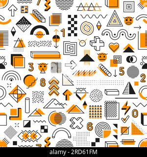 Memphis geometrische Formen auf Halloween nahtloses Muster, Vektorhintergrund mit Kürbissen. Memphis-Muster mit abstrakten Halloween-Elementen, Orange und Schwarz oder Formen von Kritzelmuster Stock Vektor