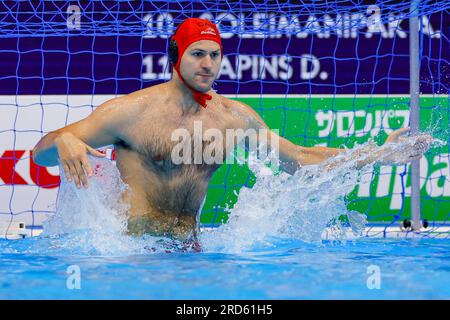 Fukuoka, Japan. 19. Juli 2023. Mailand Radenovic von Kanada während der World Aquatics Championships 2023 Männerspiel zwischen Italien und Kanada am 19. Juli 2023 in Fukuoka, Japan (Foto: Albert Ten Hove/Orange Pictures). Guthaben: Orange Pics BV/Alamy Live News Stockfoto