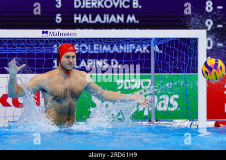 Fukuoka, Japan. 19. Juli 2023. Mailand Radenovic von Kanada während der World Aquatics Championships 2023 Männerspiel zwischen Italien und Kanada am 19. Juli 2023 in Fukuoka, Japan (Foto: Albert Ten Hove/Orange Pictures). Guthaben: Orange Pics BV/Alamy Live News Stockfoto