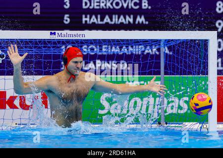 Fukuoka, Japan. 19. Juli 2023. Mailand Radenovic von Kanada während der World Aquatics Championships 2023 Männerspiel zwischen Italien und Kanada am 19. Juli 2023 in Fukuoka, Japan (Foto: Albert Ten Hove/Orange Pictures). Guthaben: Orange Pics BV/Alamy Live News Stockfoto