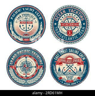 Yachtclub Retro-Aufnäher, Regatta-Abzeichen für nautischen Sport oder Bootsegeln, Vektorsymbole. Yacht Club Vintage Patches für Marine und Sea Regatta mit Anker, Sailor Club Embleme für Yachtsport Stock Vektor