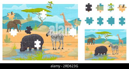 Puzzle-Puzzle-Spielteile. Afrikanische Savannah-Safari-Tiere. Quiz-Arbeitsblatt zum Teilespiel, Fragment-Connect-Vektor-Puzzle oder Figur finden Rätsel mit Cartoon-Elefanten, Giraffen, Zebras und Nilpferden Stock Vektor