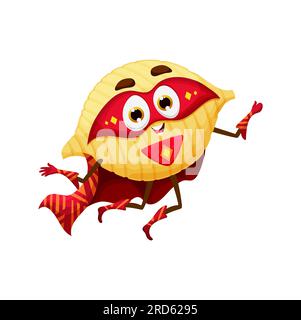 Cartoon-Superhelden-Pasta-Figur, Conchiglie in Superheldenkostüm, Comic-Vektor. Italienische Pasta Conchiglie in Superhelden Power Cape und roter Maske, süßer fliegender Schutzhüter oder Verteidiger in Aktion Stock Vektor