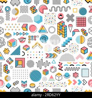 Hintergrund des Memphis-Musters, abstrakte Formen und geometrische Elemente, nahtloser Vektor. Memphis Muster Formen in Farbverläufen und Kritzellinien, Pop-Art-Collage mit zufälligen geometrischen Formen Stock Vektor