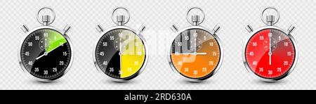 Realistische klassische Stoppuhr. Glänzendes Metall-Chronometer, Zeitzähler mit Skala. Farbenfroher Countdown-Timer, der Minuten und Sekunden anzeigt. Zeitmessung Stock Vektor