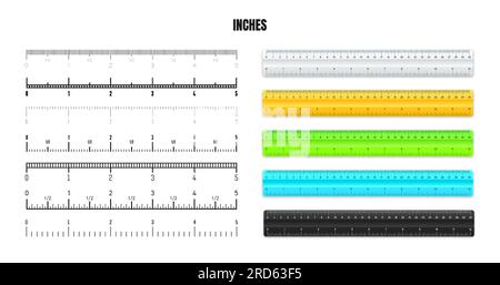 Realistische Kunststofflineale mit schwarzer Zoll-Skala zum Messen von Länge oder Höhe. Verschiedene Messskalen mit Unterteilungen. Lineal, Maßbänder Stock Vektor