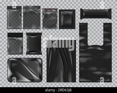Schwarze Plastikpackungen und -Beutel realistische Paketmodelle. Lebensmittelprodukte Kunststoffverpackung, Polyethylen-Tablarbehälter, T-Shirt-Packung mit Griffen, luftdichter Snack-Beutel mit 3D-Vektormodellen Stock Vektor