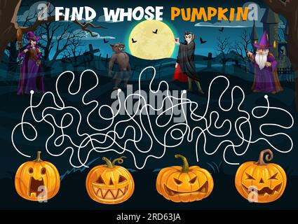 Halloween-Labyrinth-Labyrinth. Hilf den Zeichentrickfiguren, den Kürbis zu finden. Kinder Vektorspiel-Arbeitsblatt mit lustiger Hexe, Werwolf, Vampir und Zauberer. Boardgame mit verworrenen Pfaden, Start und Ende Stock Vektor