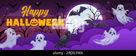 Halloween-Papier mit Wolken, Geistern und Fledermäusen. Vector 31. oktober Weihnachtsbanner oder Grußkartendesign mit 3D-Papercut-Effekt, Vollmond, Gespenstern und Raben bei Nacht mit Bäumen Stock Vektor