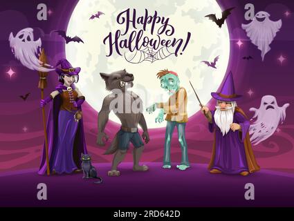 Halloween-Figuren auf Mitternachtsfeier. Cartoon-Zauberer, Hexe, Geister, Vampire und Zombie-Figuren. Fröhliches Weihnachtsvektordesign mit Hexen, Magiern und Monstern bei der Horrornacht am 31. Oktober Stock Vektor