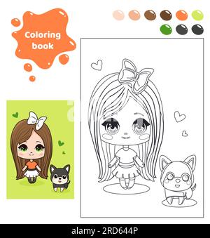 Malbuch für Kinder. Anime-Mädchen mit Hündchen. Stock Vektor