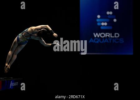 Fukuoka, Japan. 18. Juli 2023. Matsuri Arai aus Japan nimmt am 18. Juli 10m 2023 im Präfekturpool Fukuoka in Fukuoka (Japan) an der „Platworm Women Preliminary“ 20. der Aquatics World Championships Teil. Kredit: Insidefoto di andrea staccioli/Alamy Live News Stockfoto