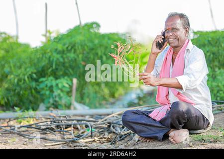 Glücklicher Bauer, der im Boden sitzt und telefoniert, alter indischer Bauer Stockfoto