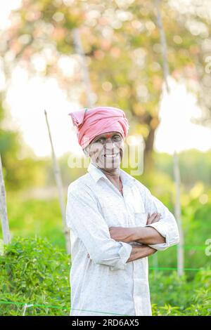 Ein glücklicher indischer Bauer, der auf einer Chilifarm steht, alter Bauer Stockfoto