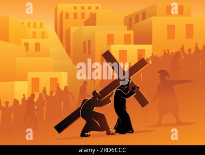 Biblische Vektor-Illustration-Serie. Kreuzweg oder Kreuzstationen, fünfte Station, Simon von Kyrene hilft Jesus, sein Kreuz zu tragen. Stock Vektor