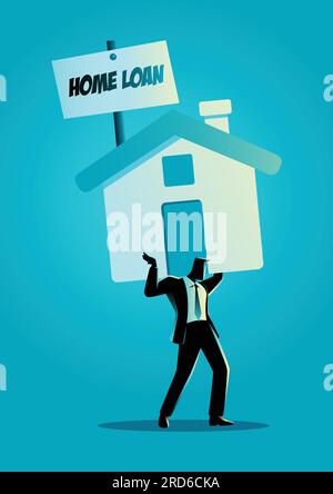 Business Concept Vektor Illustration von Geschäftsmann tragen Last von zu Hause Symbol mit dem Zeichen für den Privatkredit Stock Vektor