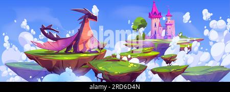 Fantasy Castle und magischer Drache treiben auf Inseln am Himmel. Vektor-Cartoon-Illustration eines fantastischen Reptilien-Tier-Wächter-Traumlands mit Märchenfestung auf Landstücken, die in Wolken fliegen Stock Vektor
