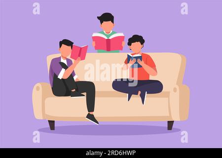 Flaches Grafikdesign Zeichnen freundliche Familie liest Bücher zusammen im Wohnzimmer zu Hause. Brüder und Kinder sitzen auf der Couch. Das Konzept des Gelenks Stockfoto