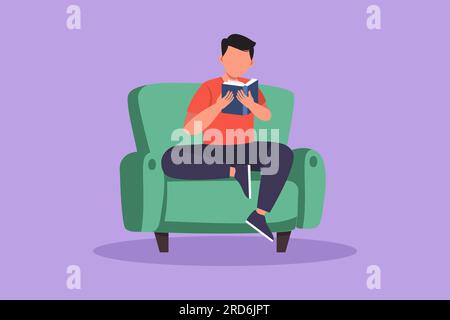 Zeichentrickfilm mit flacher Zeichnung, junger Mann, der auf dem Sofa ein Buch liest. Konzept eines Wohnzimmers mit Sofa, Student oder Geschäftsmann. Bücherwurm männlich genießt r Stockfoto