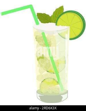 Mojito Cocktail Mocktail Trinken Sie alkoholische Würstchen mit Zitruskalkscheiben, Minzblättern und Eiswürfeln. Stockfoto